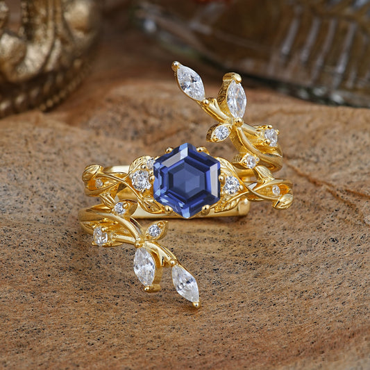 Nature-Inspired Luxury Hexagonal-Cut Tanzanite Bridal Ring Set