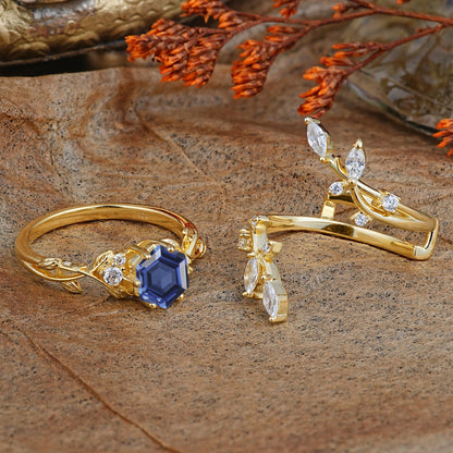 Nature-Inspired Luxury Hexagonal-Cut Tanzanite Bridal Ring Set
