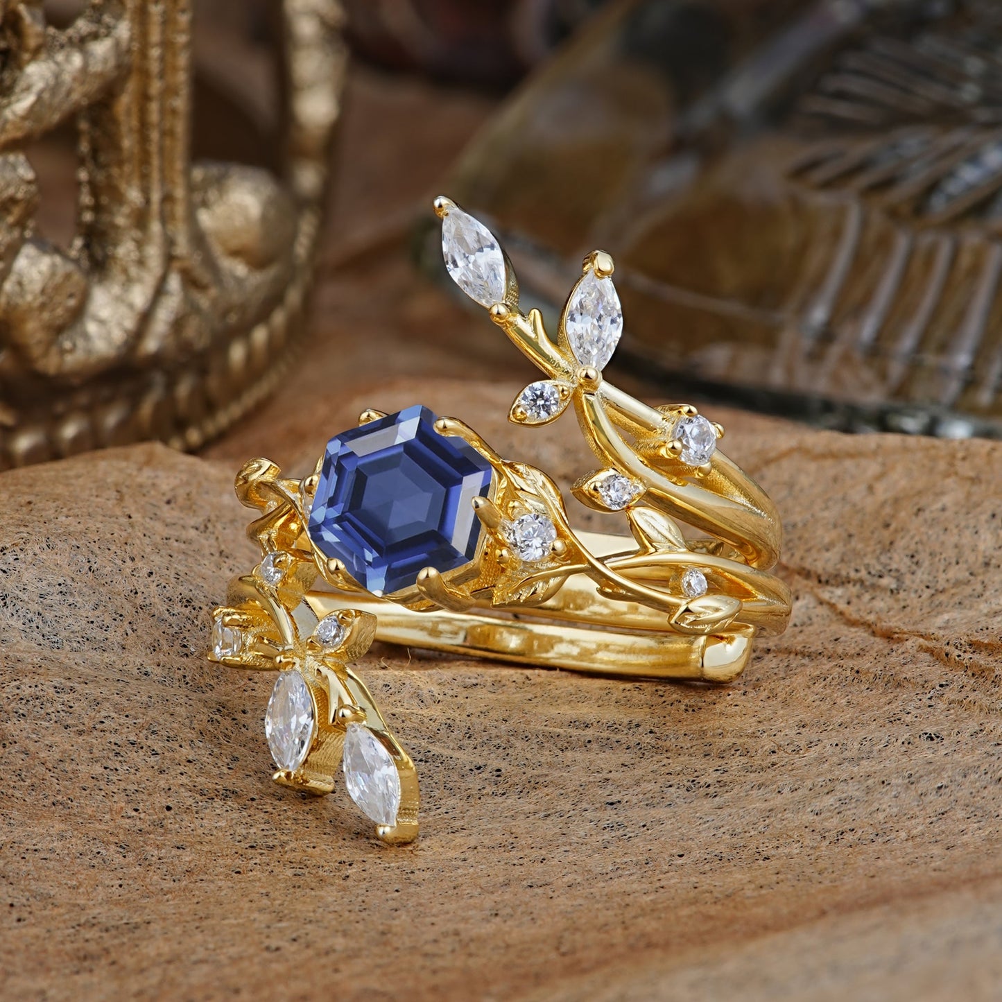 Nature-Inspired Luxury Hexagonal-Cut Tanzanite Bridal Ring Set