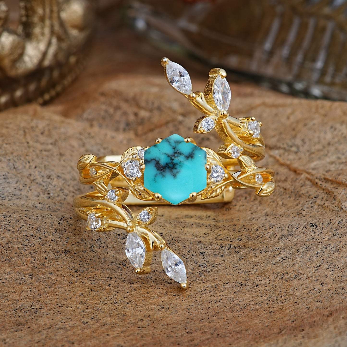 Nature-Inspired Luxury Hexagonal-Cut Turquoise Bridal Ring Set