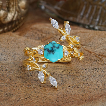 Nature-Inspired Luxury Hexagonal-Cut Turquoise Bridal Ring Set