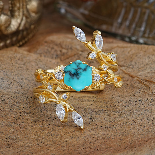 Nature-Inspired Luxury Hexagonal-Cut Turquoise Bridal Ring Set