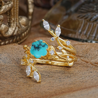 Nature-Inspired Luxury Hexagonal-Cut Turquoise Bridal Ring Set