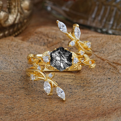 Nature-Inspired Luxury Hexagonal-Cut Black Rutilated Quartz Bridal Ring Set