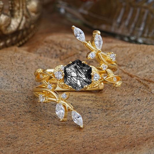 Nature-Inspired Luxury Hexagonal-Cut Black Rutilated Quartz Bridal Ring Set