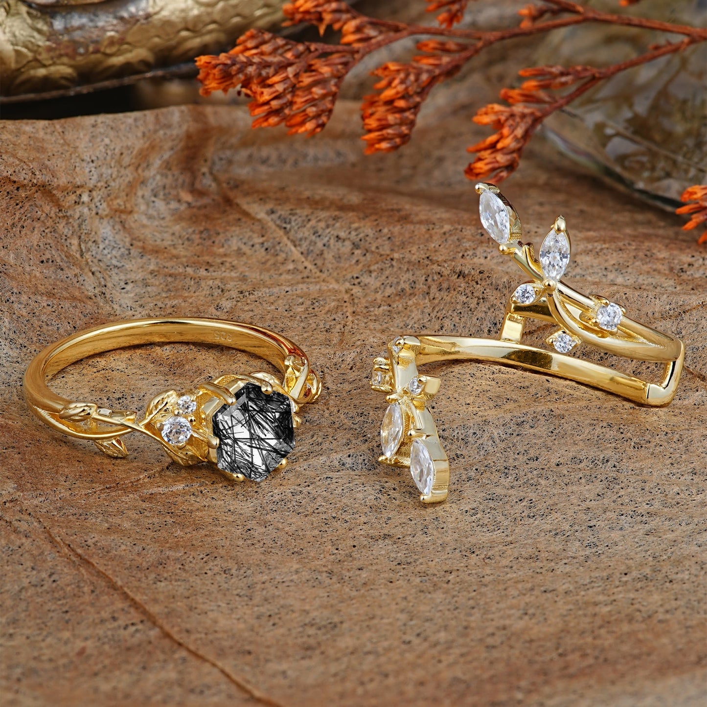 Nature-Inspired Luxury Hexagonal-Cut Black Rutilated Quartz Bridal Ring Set