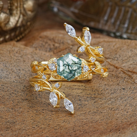 Nature-Inspired Luxury Hexagonal-Cut Moss Agate Bridal Ring Set