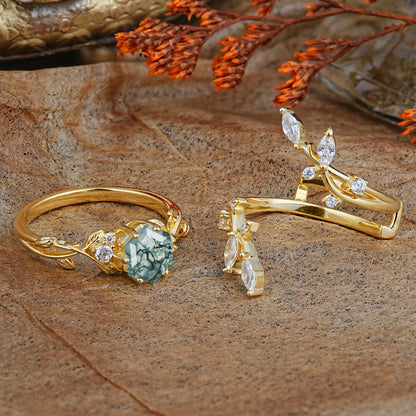 Nature-Inspired Luxury Hexagonal-Cut Moss Agate Bridal Ring Set