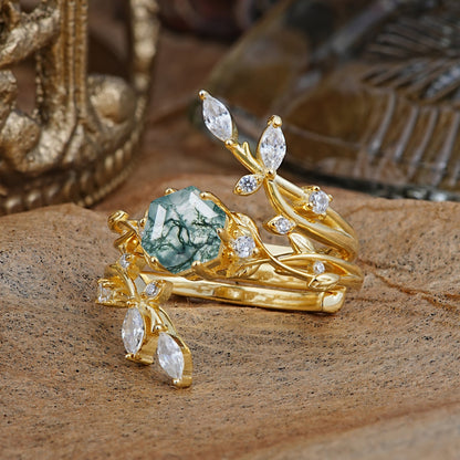 Nature-Inspired Luxury Hexagonal-Cut Moss Agate Bridal Ring Set