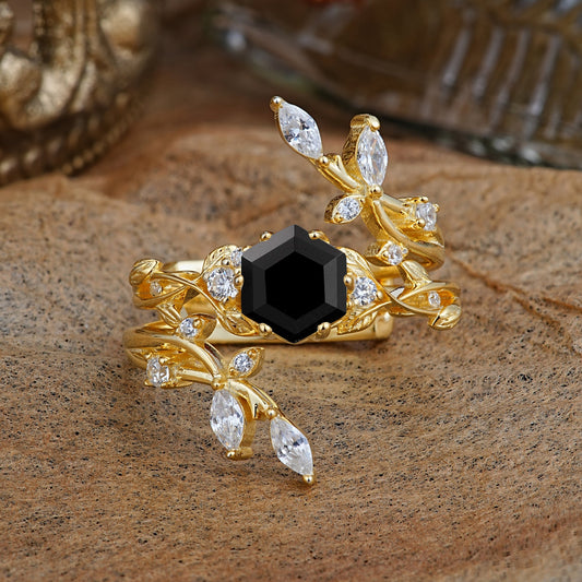 Nature-Inspired Luxury Hexagonal-Cut Black Onyx Bridal Ring Set