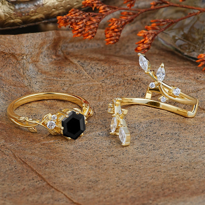 Nature-Inspired Luxury Hexagonal-Cut Black Onyx Bridal Ring Set