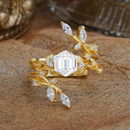 Nature-Inspired Luxury Hexagonal-Cut Lab Diamond Bridal Ring Set