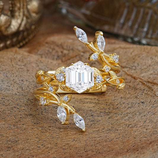 Nature-Inspired Luxury Hexagonal-Cut Lab Diamond Bridal Ring Set