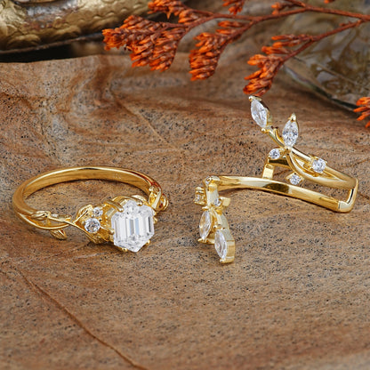 Nature-Inspired Luxury Hexagonal-Cut Lab Diamond Bridal Ring Set