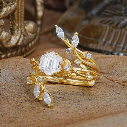 Nature-Inspired Luxury Hexagonal-Cut Lab Diamond Bridal Ring Set