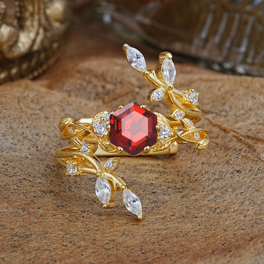 Nature-Inspired Luxury Hexagonal-Cut Garnet Bridal Ring Set