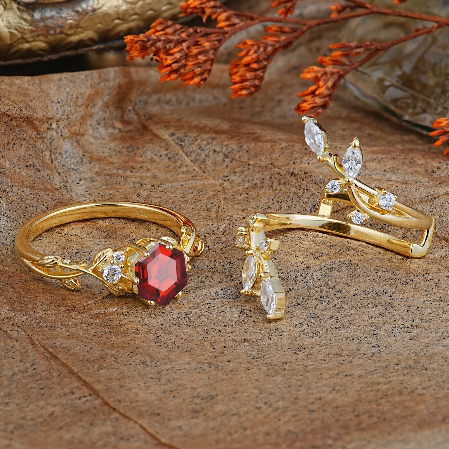 Nature-Inspired Luxury Hexagonal-Cut Garnet Bridal Ring Set