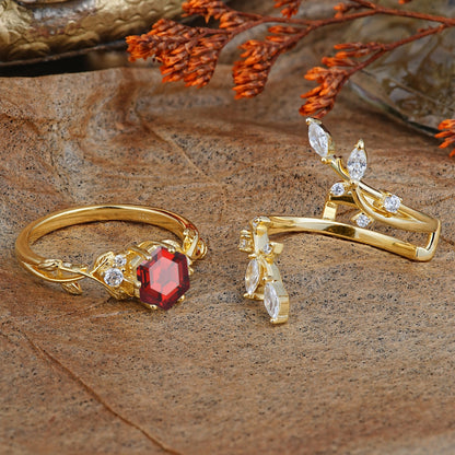 Nature-Inspired Luxury Hexagonal-Cut Garnet Bridal Ring Set