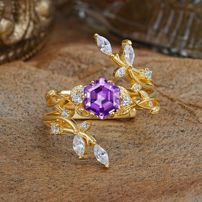 Nature-Inspired Luxury Hexagonal-Cut Amethyst Bridal Ring Set
