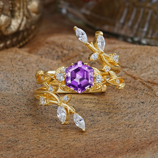 Nature-Inspired Luxury Hexagonal-Cut Amethyst Bridal Ring Set