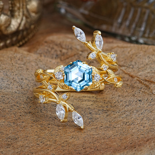 Nature-Inspired Luxury Hexagonal-Cut Aquamarine Bridal Ring Set