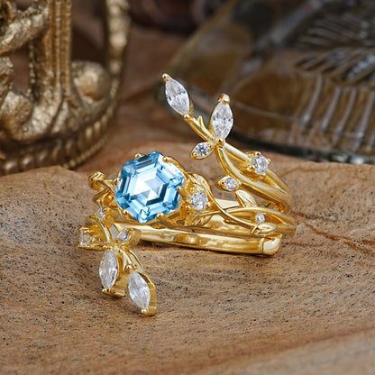 Nature-Inspired Luxury Hexagonal-Cut Aquamarine Bridal Ring Set