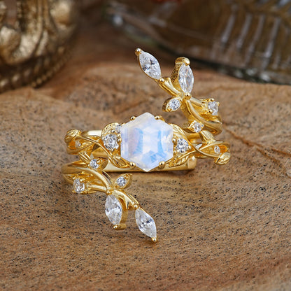 Nature-Inspired Luxury Hexagonal-Cut Moonstone Bridal Ring Set