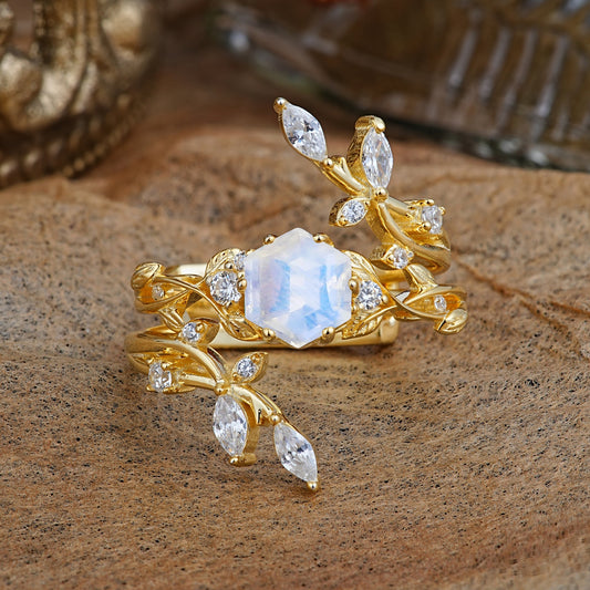 Nature-Inspired Luxury Hexagonal-Cut Moonstone Bridal Ring Set