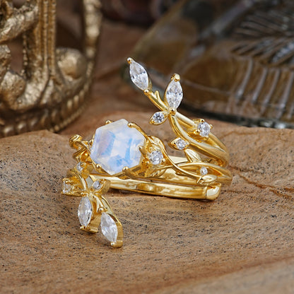 Nature-Inspired Luxury Hexagonal-Cut Moonstone Bridal Ring Set