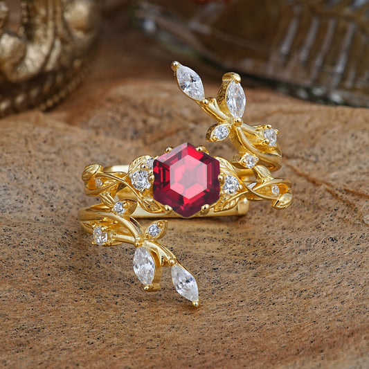 Nature-Inspired Luxury Hexagonal-Cut Ruby Bridal Ring Set