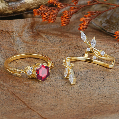 Nature-Inspired Luxury Hexagonal-Cut Ruby Bridal Ring Set