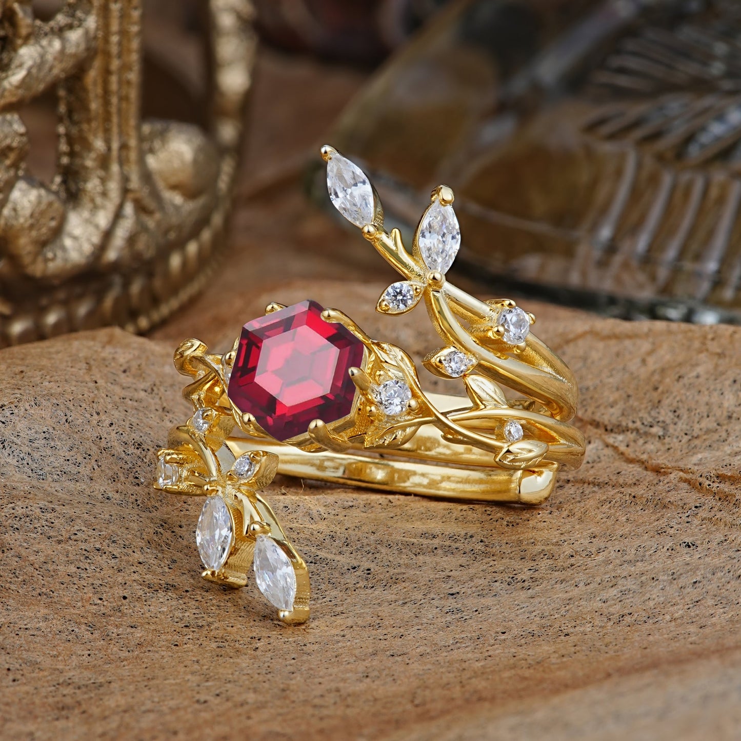 Nature-Inspired Luxury Hexagonal-Cut Ruby Bridal Ring Set
