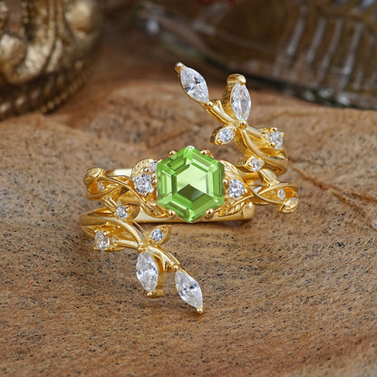Nature-Inspired Luxury Hexagonal-Cut Peridot Bridal Ring Set