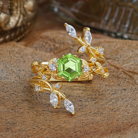Nature-Inspired Luxury Hexagonal-Cut Peridot Bridal Ring Set