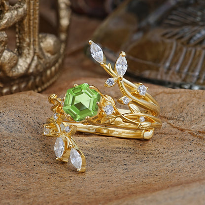 Nature-Inspired Luxury Hexagonal-Cut Peridot Bridal Ring Set