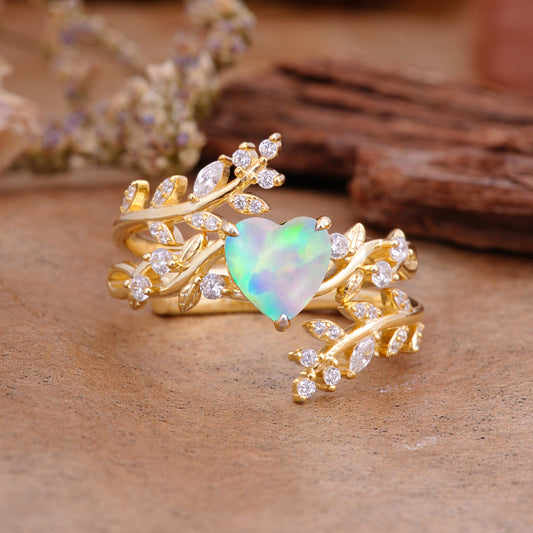Elegant Heart-Shaped Nature Inspired Opal Ring – Perfect for Bridal Ring Set