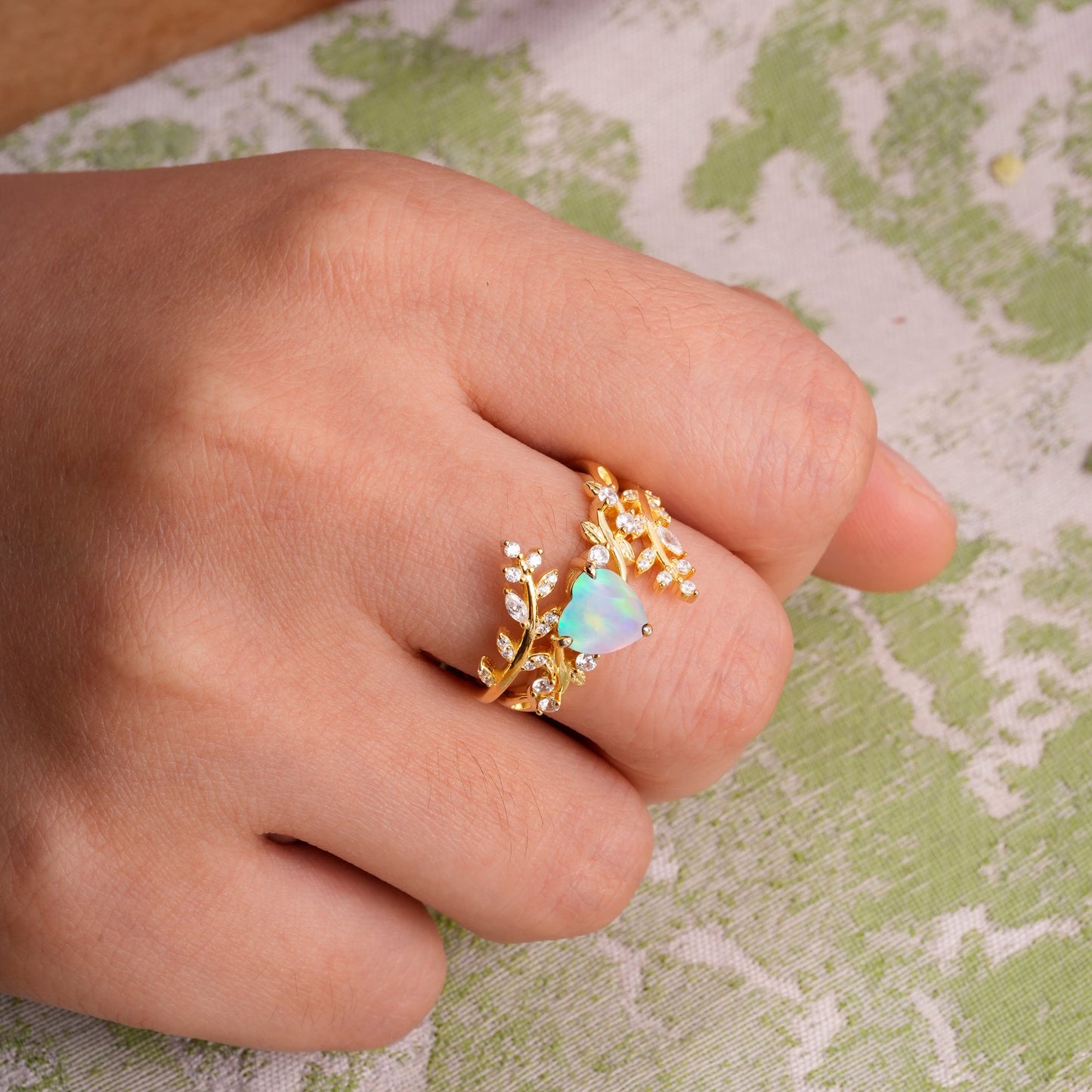 Elegant Heart-Shaped Nature Inspired Opal Ring – Perfect for Bridal Ring Set