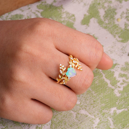 Elegant Heart-Shaped Nature Inspired Opal Ring – Perfect for Bridal Ring Set
