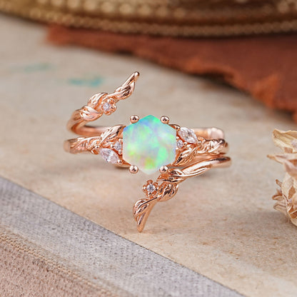 Botanical Hexagon Opal Bridal Ring Set