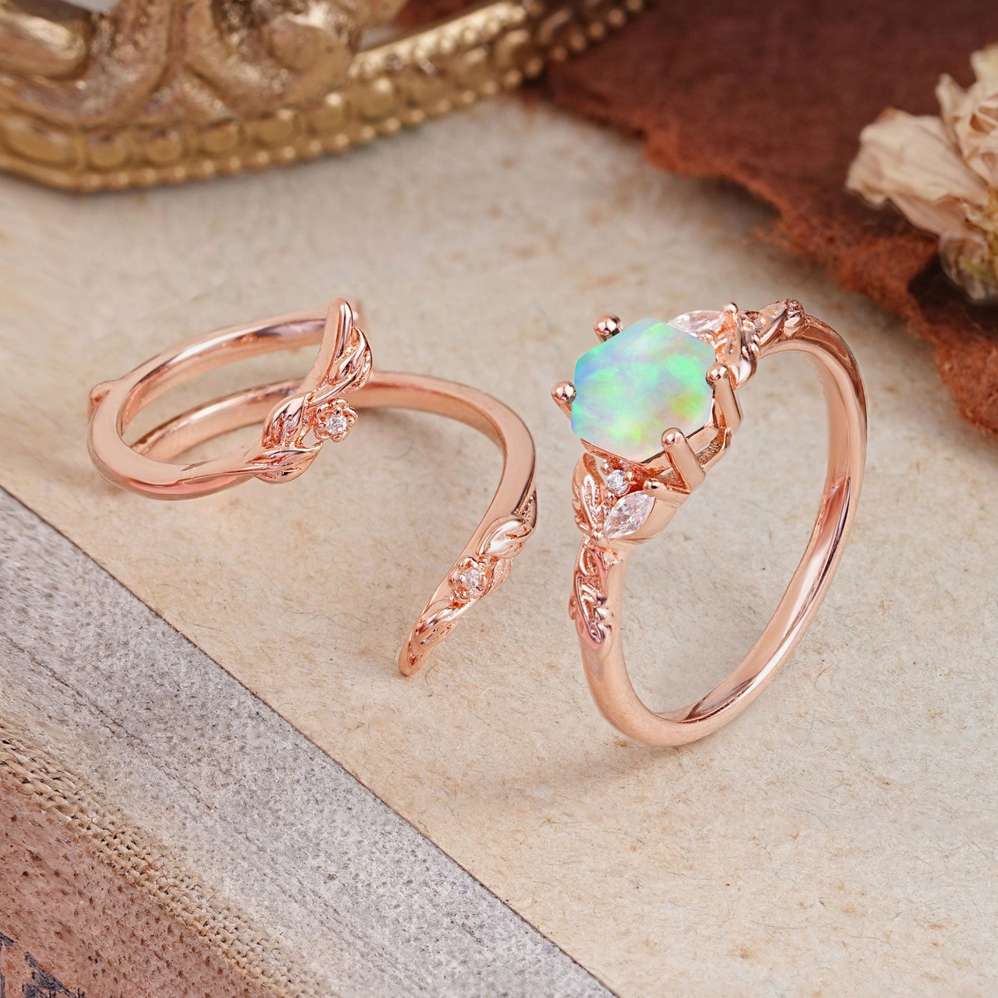 Botanical Hexagon Opal Bridal Ring Set