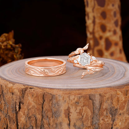 Nature Inspiration Luxury Retro 4-Prong Moissanite Promise Couples Rings