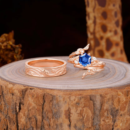Nature Inspiration Luxury Retro 4-Prong Sapphire Promise Couples Rings