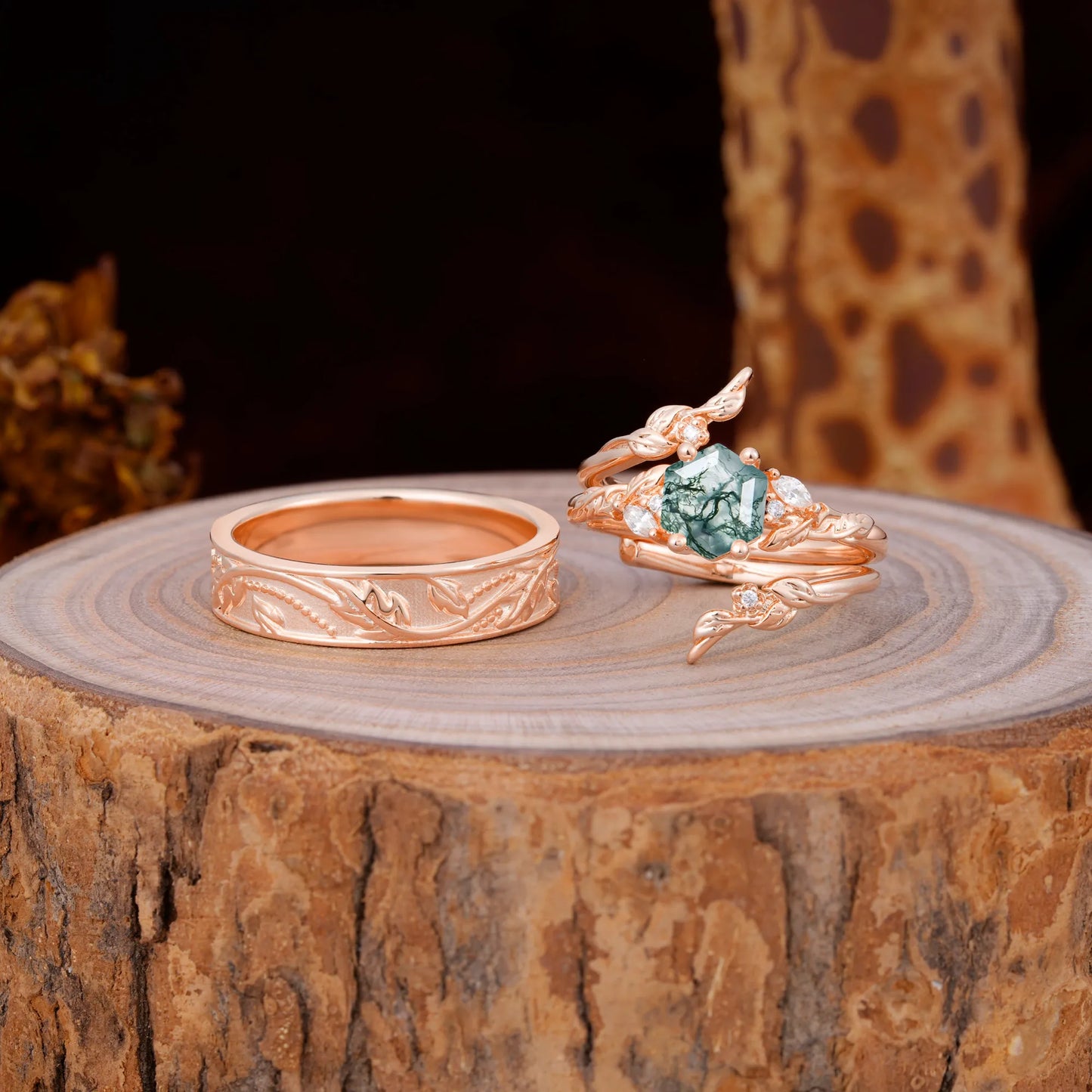 Nature Inspiration Luxury Retro 4-Prong Moss Agate Promise Couples Rings