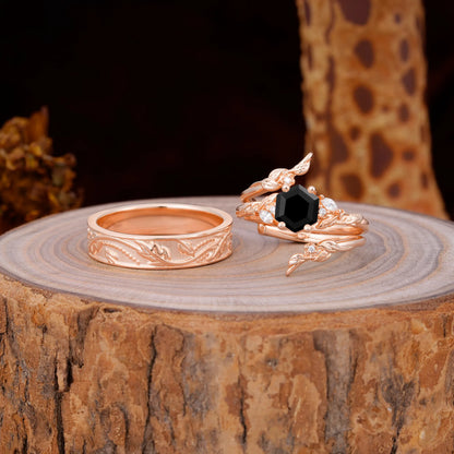 Nature Inspiration Luxury Retro 4-Prong Black Onyx Promise Couples Rings