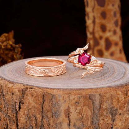 Nature Inspiration Luxury Retro 4-Prong Ruby Promise Couples Rings