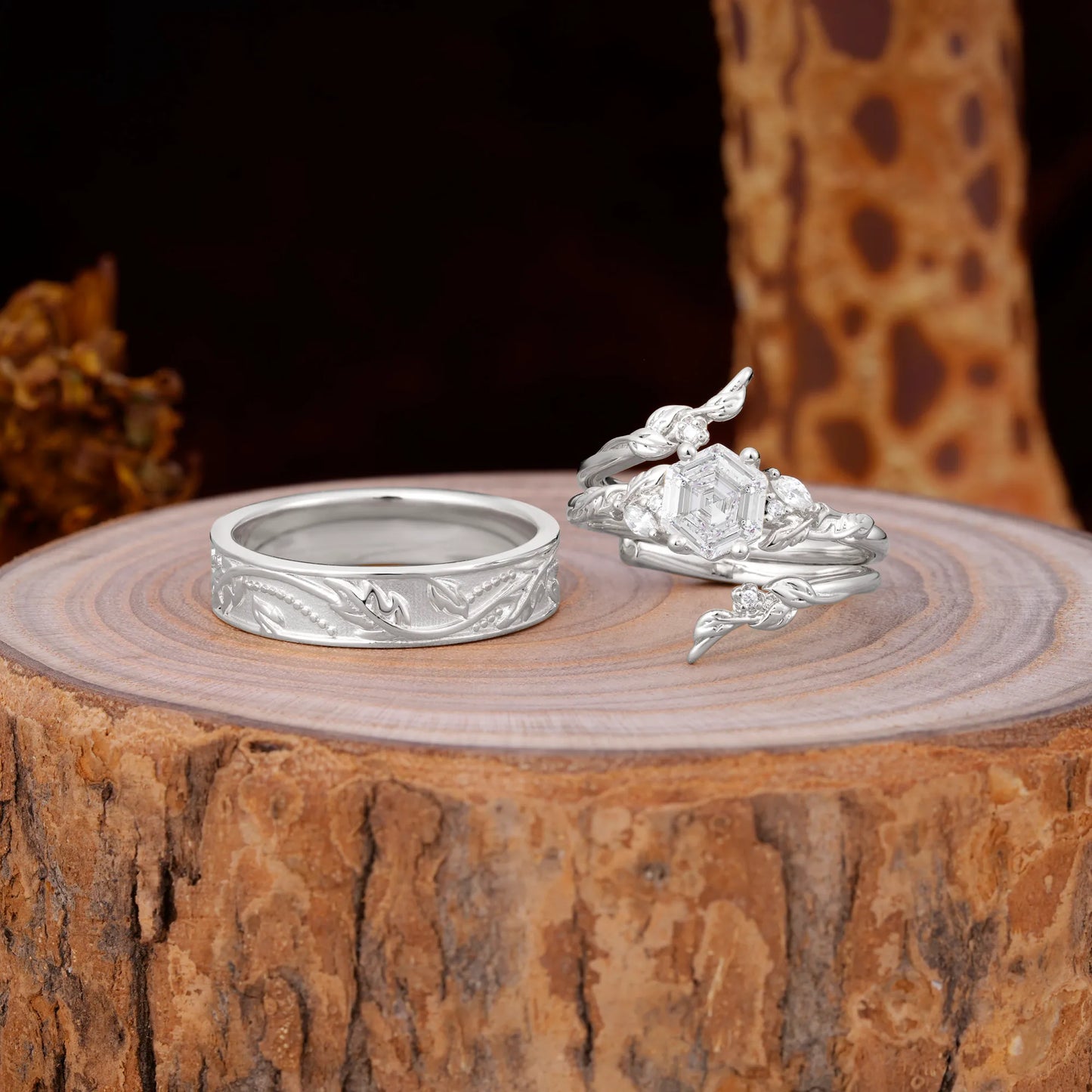 Nature Inspiration Luxury Retro 4-Prong Moissanite Promise Couples Rings