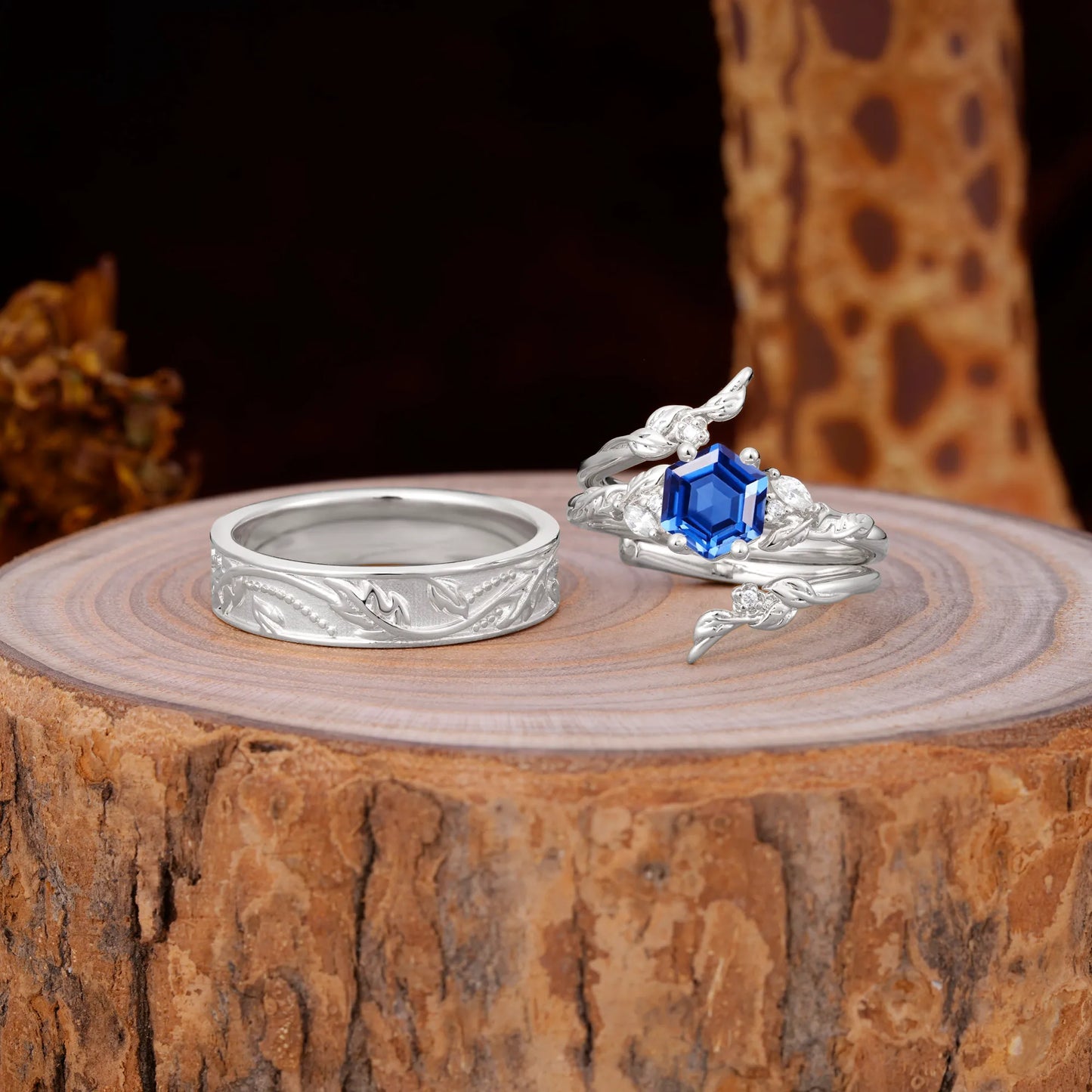 Nature Inspiration Luxury Retro 4-Prong Sapphire Promise Couples Rings