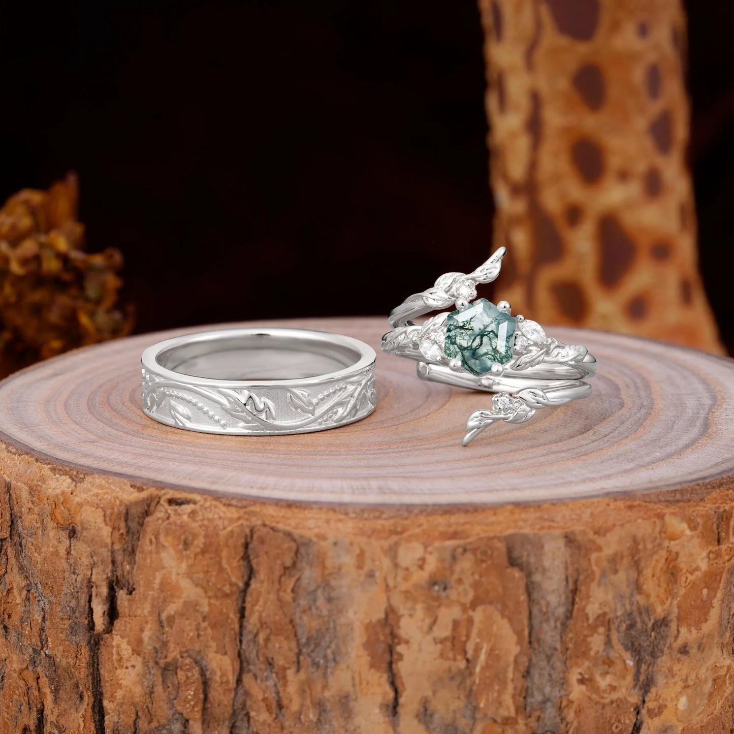Nature Inspiration Luxury Retro 4-Prong Moss Agate Promise Couples Rings