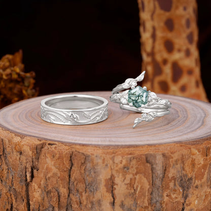 Nature Inspiration Luxury Retro 4-Prong Moss Agate Promise Couples Rings