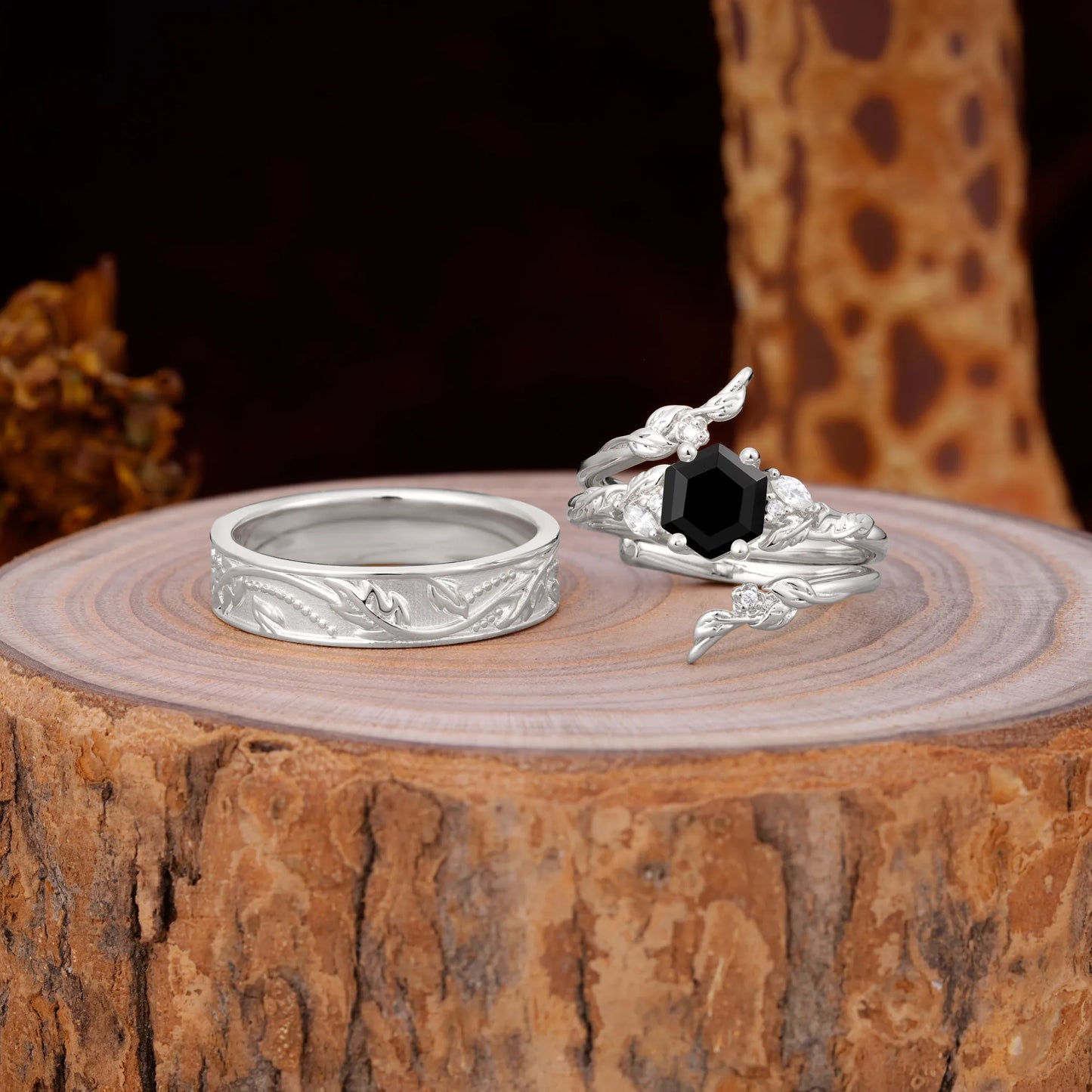 Nature Inspiration Luxury Retro 4-Prong Black Onyx Promise Couples Rings